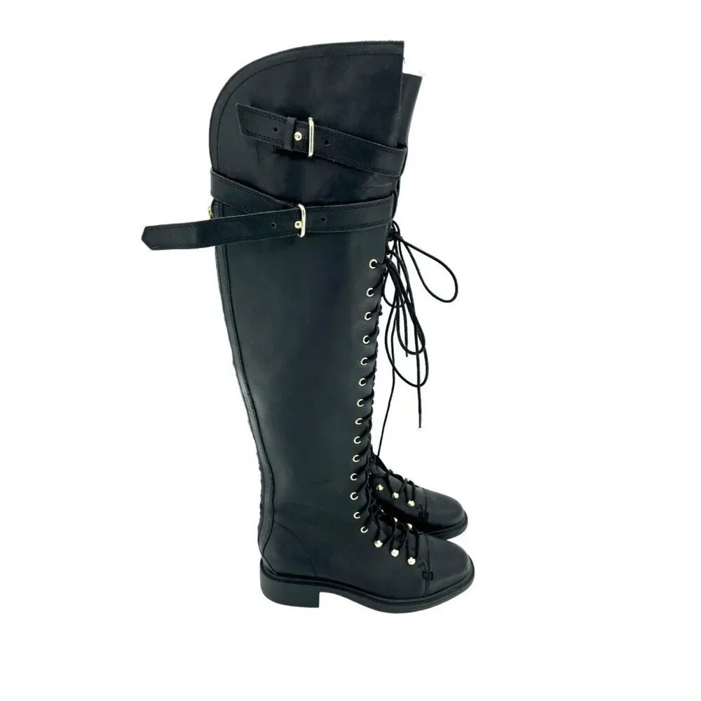Joie Gryffin Over the Knee Boots Lace Up Buckle Black Leather  EU 36 New